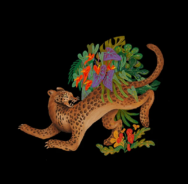 Léopard parmi des fleurs, sur fond noir