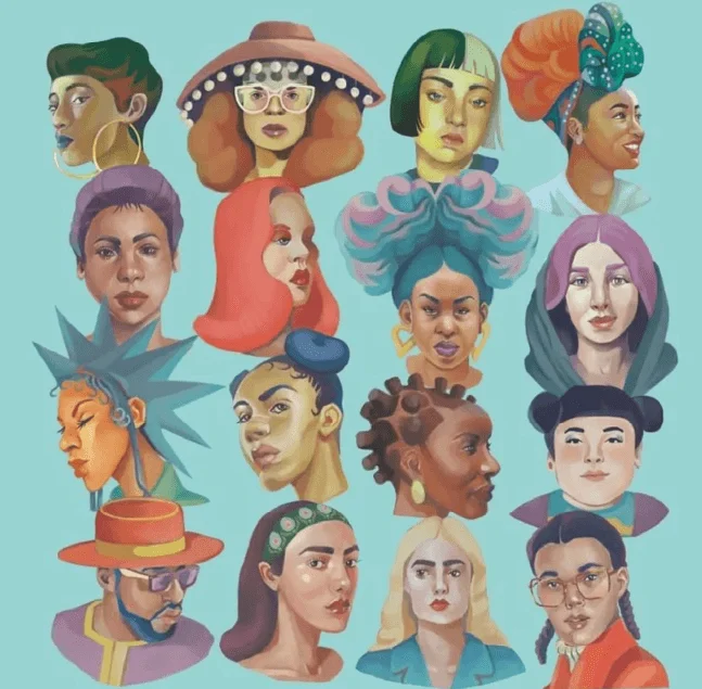 Mosaïque de visages et de coiffures