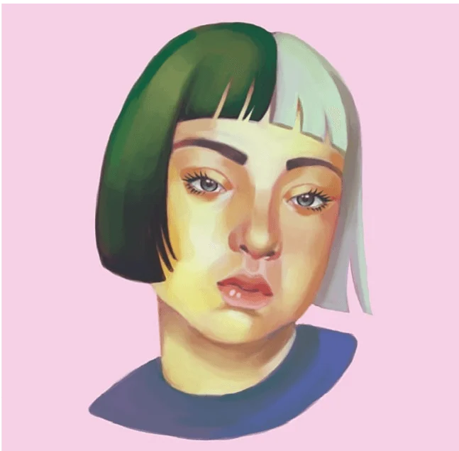 Portrait d’une jeune femme aux cheveux verts et blancs