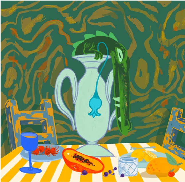 Nature morte : carafe, verre et fruits sur une nappe rayée