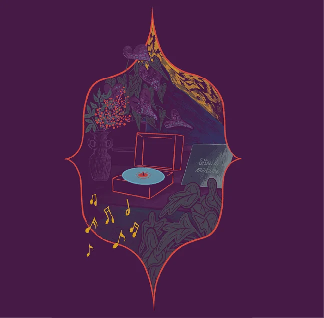 Tourne-disque dans une fenêtre en arche, sur fond violet