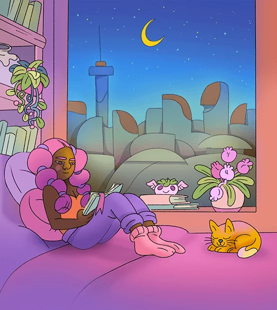 Lo-fiano, illustration 2 : Jeune femme lisant près d’une fenêtre, ville de nuit et chat