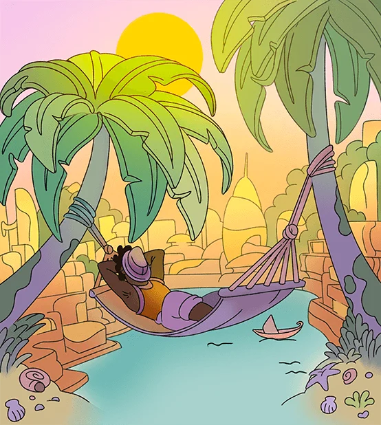 Lo-fiano, illustration 3 : Personnage se reposant dans un hamac sous les palmiers