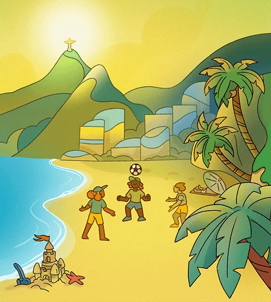Lo-fiano, illustration 4 : Enfants jouant au ballon sur une plage, montagnes au loin