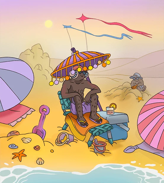 Lo-fiano, illustration 5 : Personnage assis sous un parasol au bord de l’eau