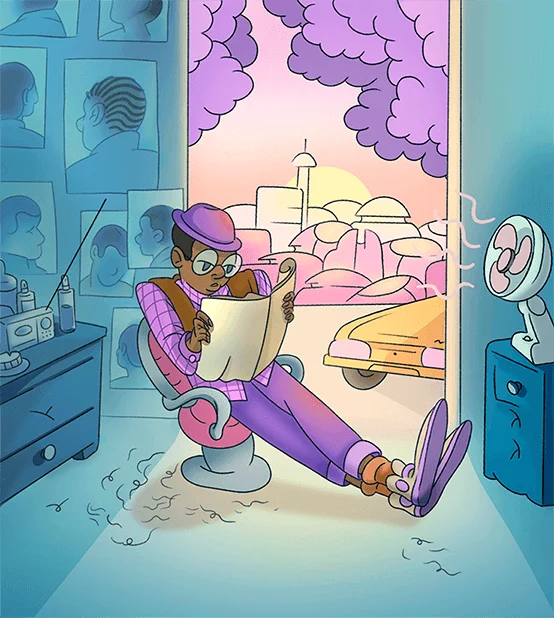 Lo-fiano, illustration 6 : Personnage lisant dans un fauteuil, fenêtre ouverte sur la ville