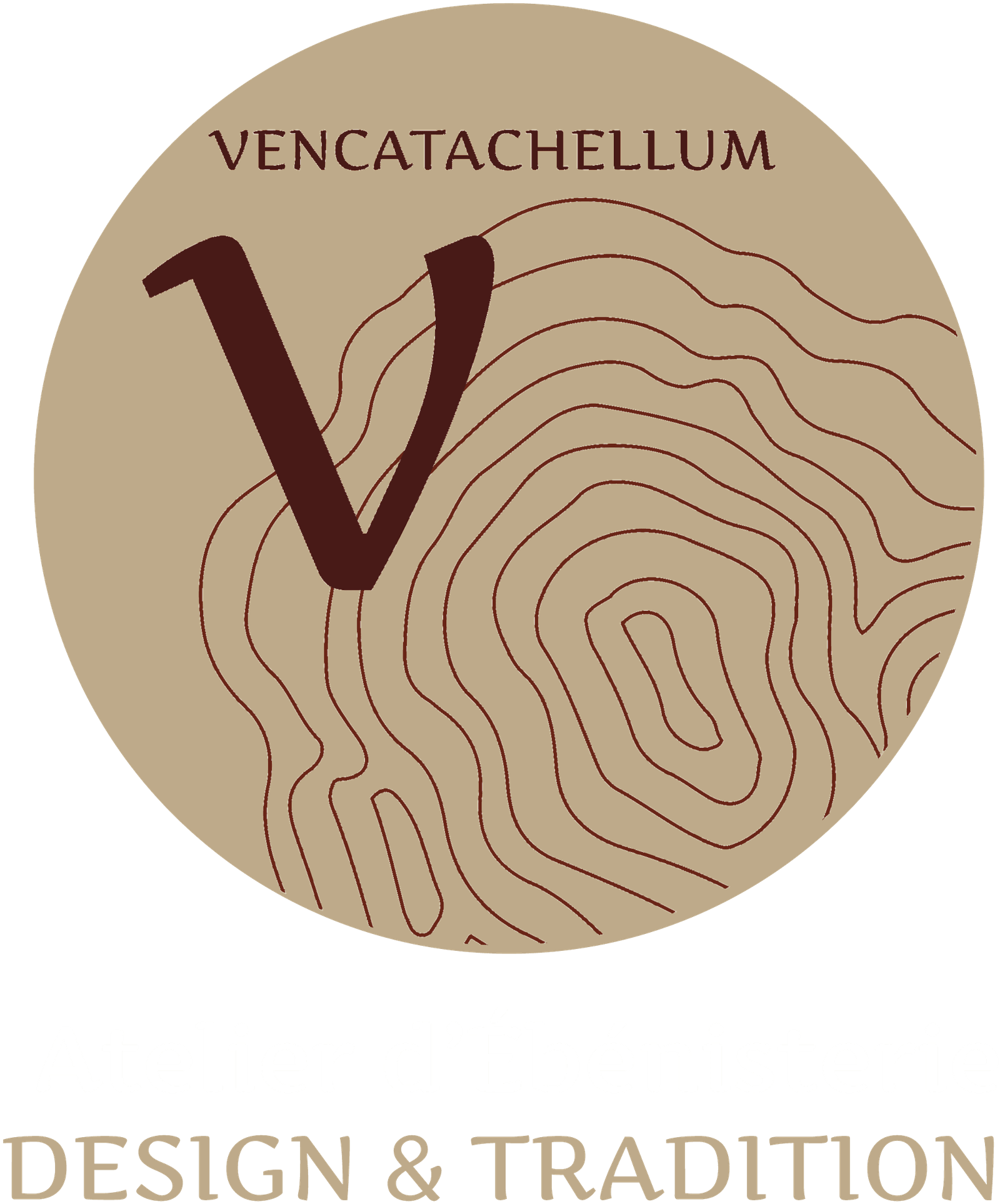 Logo Vencatachellum : disque sable avec l’initiale V et les veines du bois, nom de l’atelier et mention Atelier d’Ébénisterie, Design & Tradition